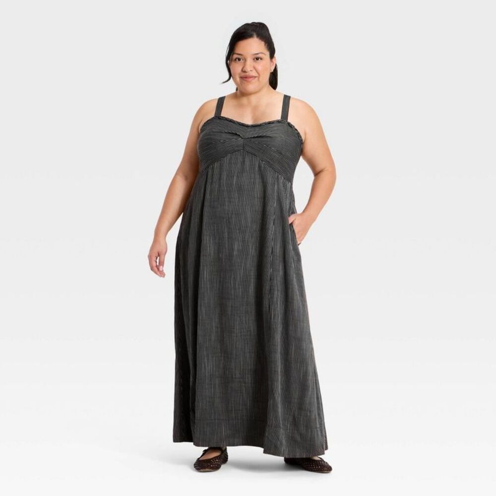 Women's Plus Braid Trim Maxi Summer Dress - Ava & Viv Brown Striped 1X - Picture 3 of 4